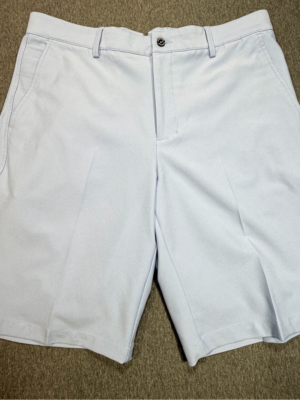 Dunning Golf Mens 32 Light Blue Shorts, 10” inseam, hybrid performance chino